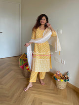 Yellow And White Cotton Kurta Suit Set