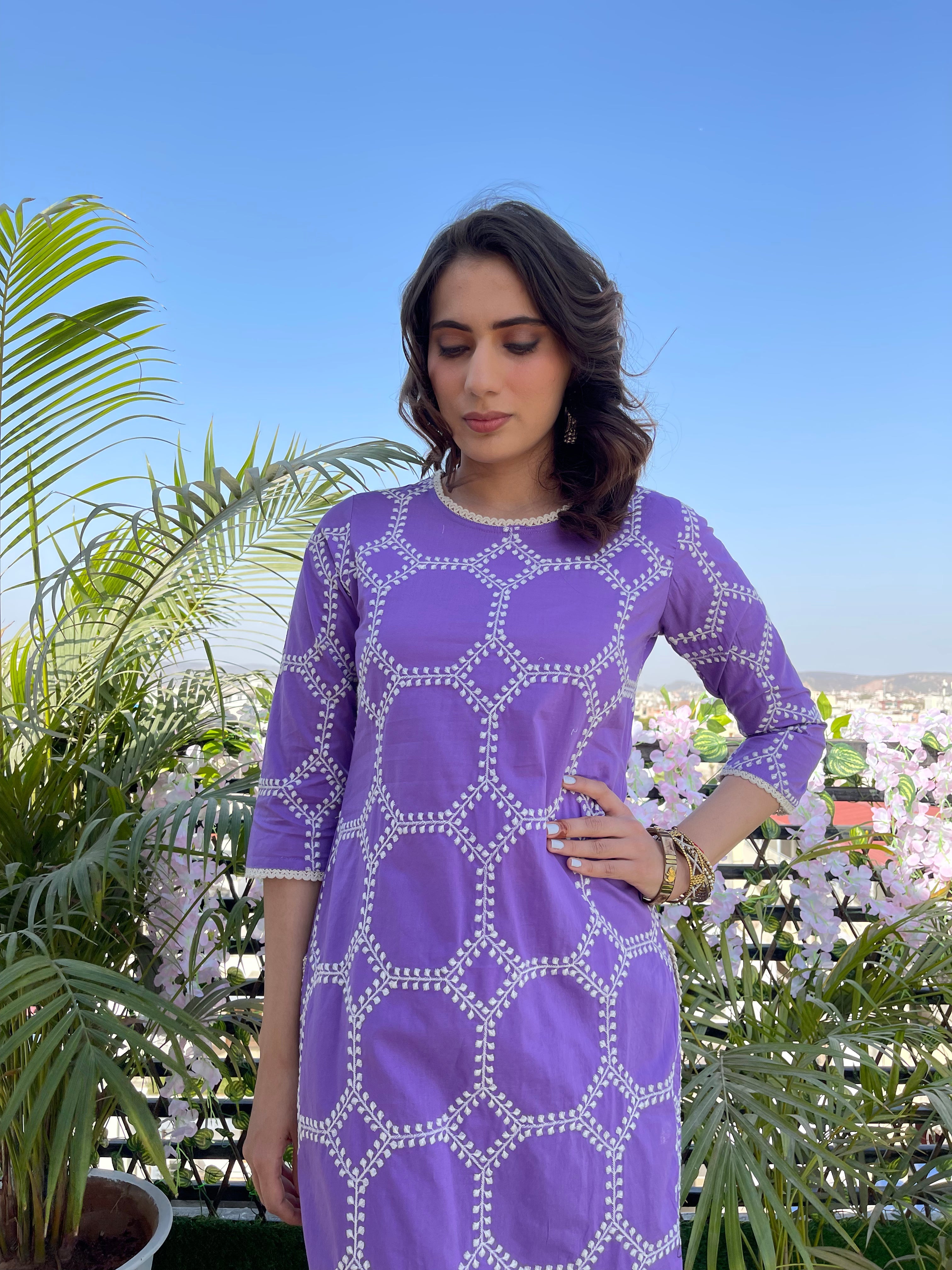 Lavender Embroidered Cotton Kurta set