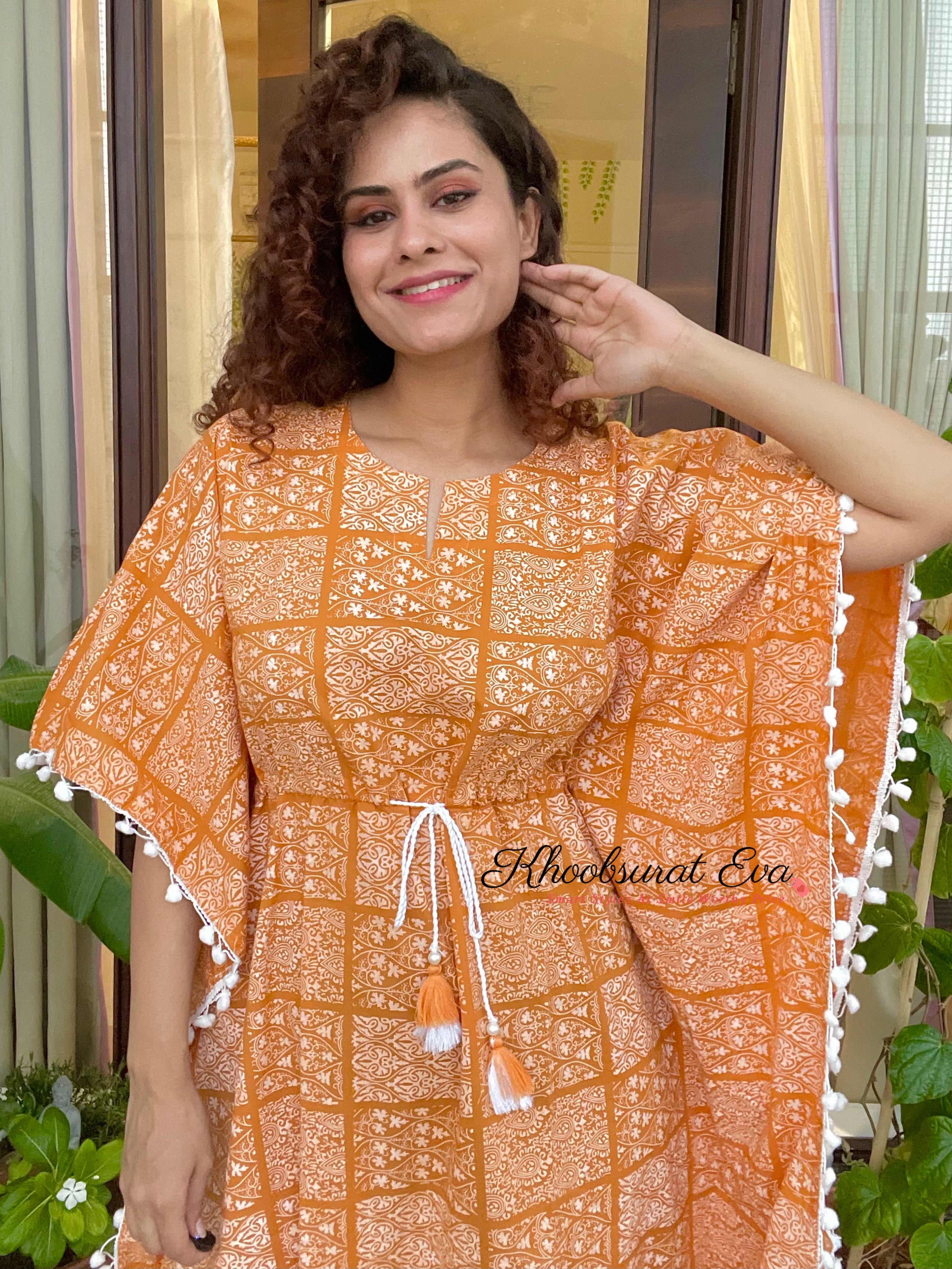 Yellow And White Tassel Printed Cotton Kaftan