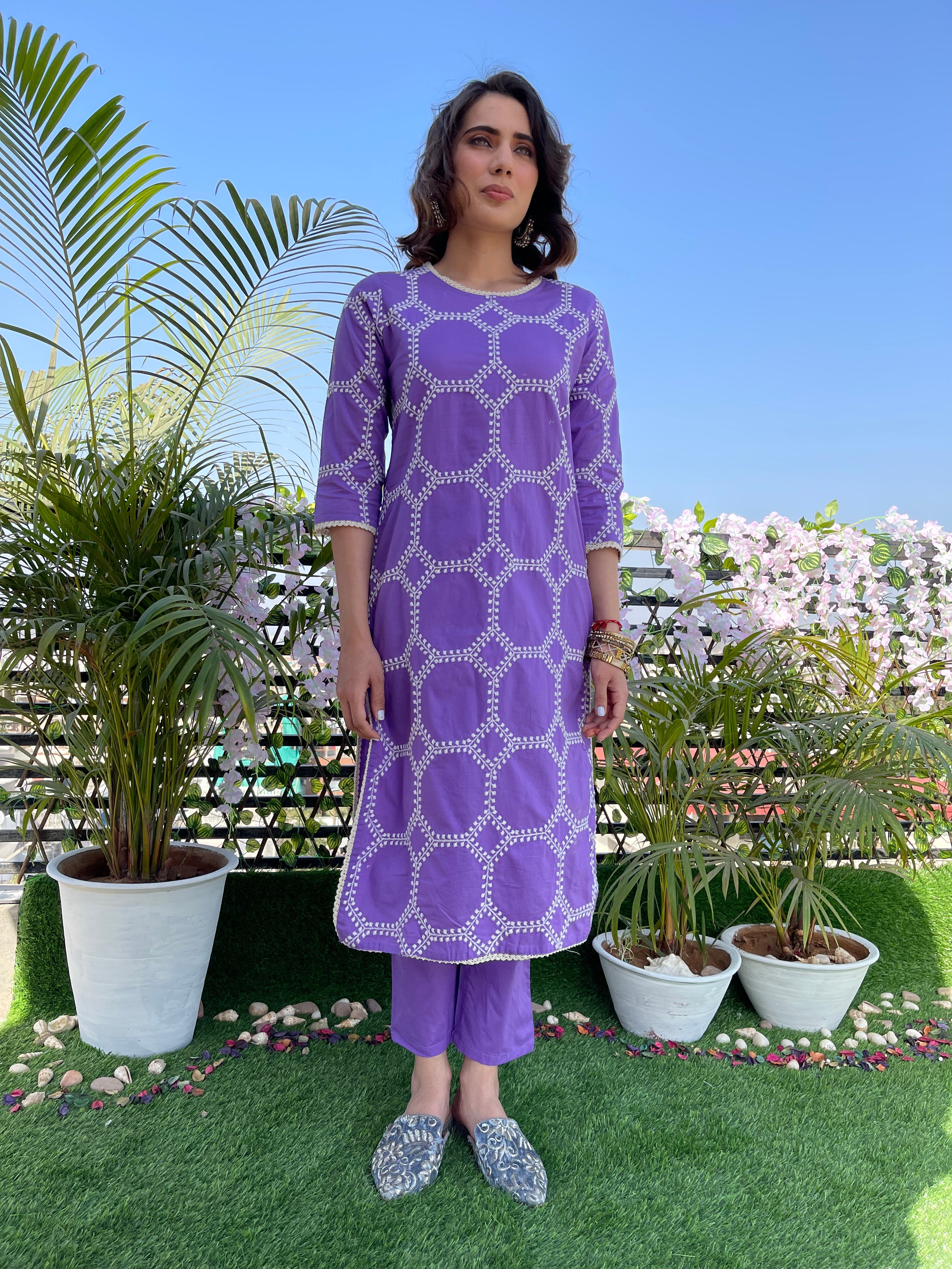 Lavender Embroidered Cotton Kurta set