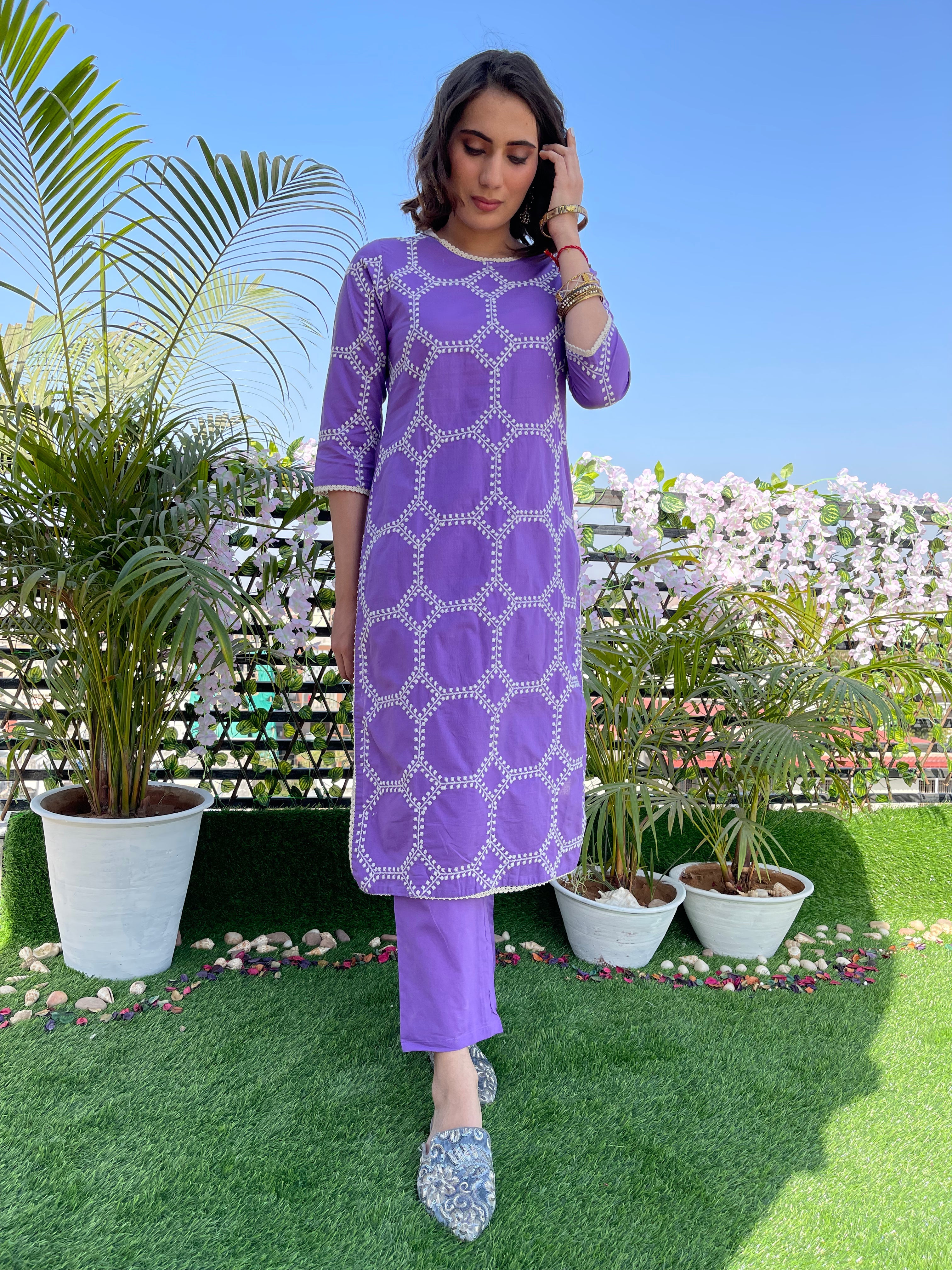 Lavender Embroidered Cotton Kurta set