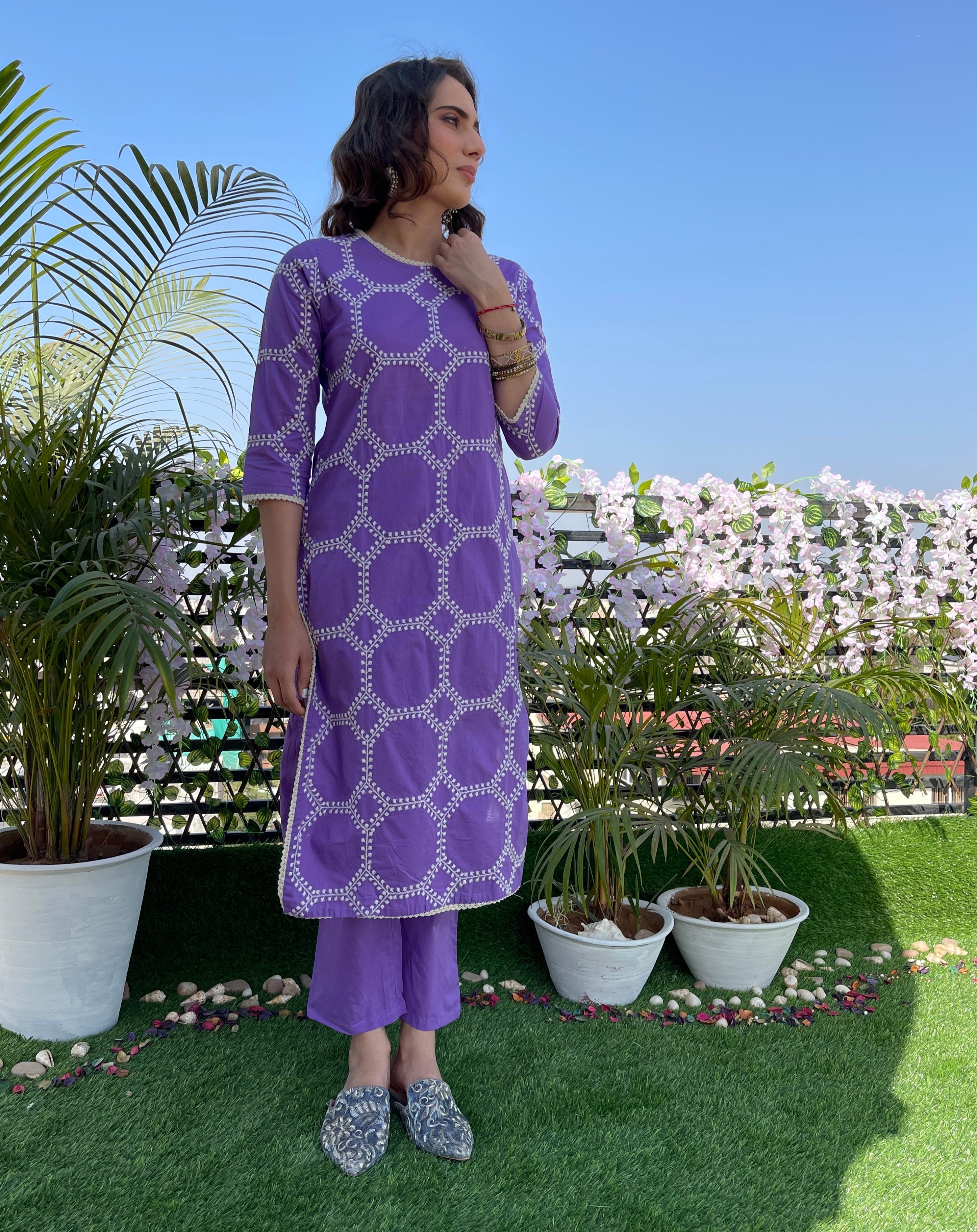 Lavender Embroidered Cotton Kurta set