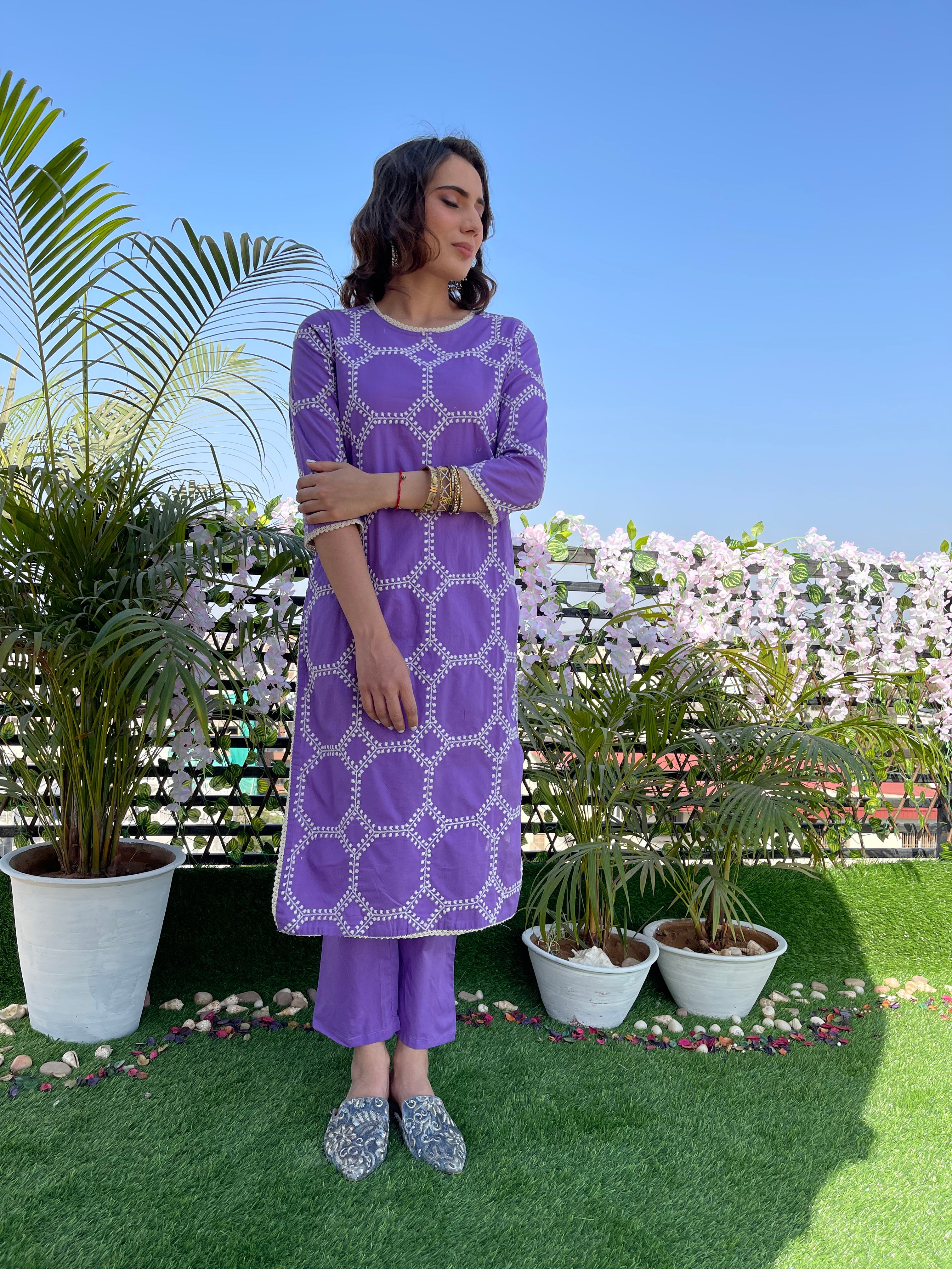 Lavender Embroidered Cotton Kurta set