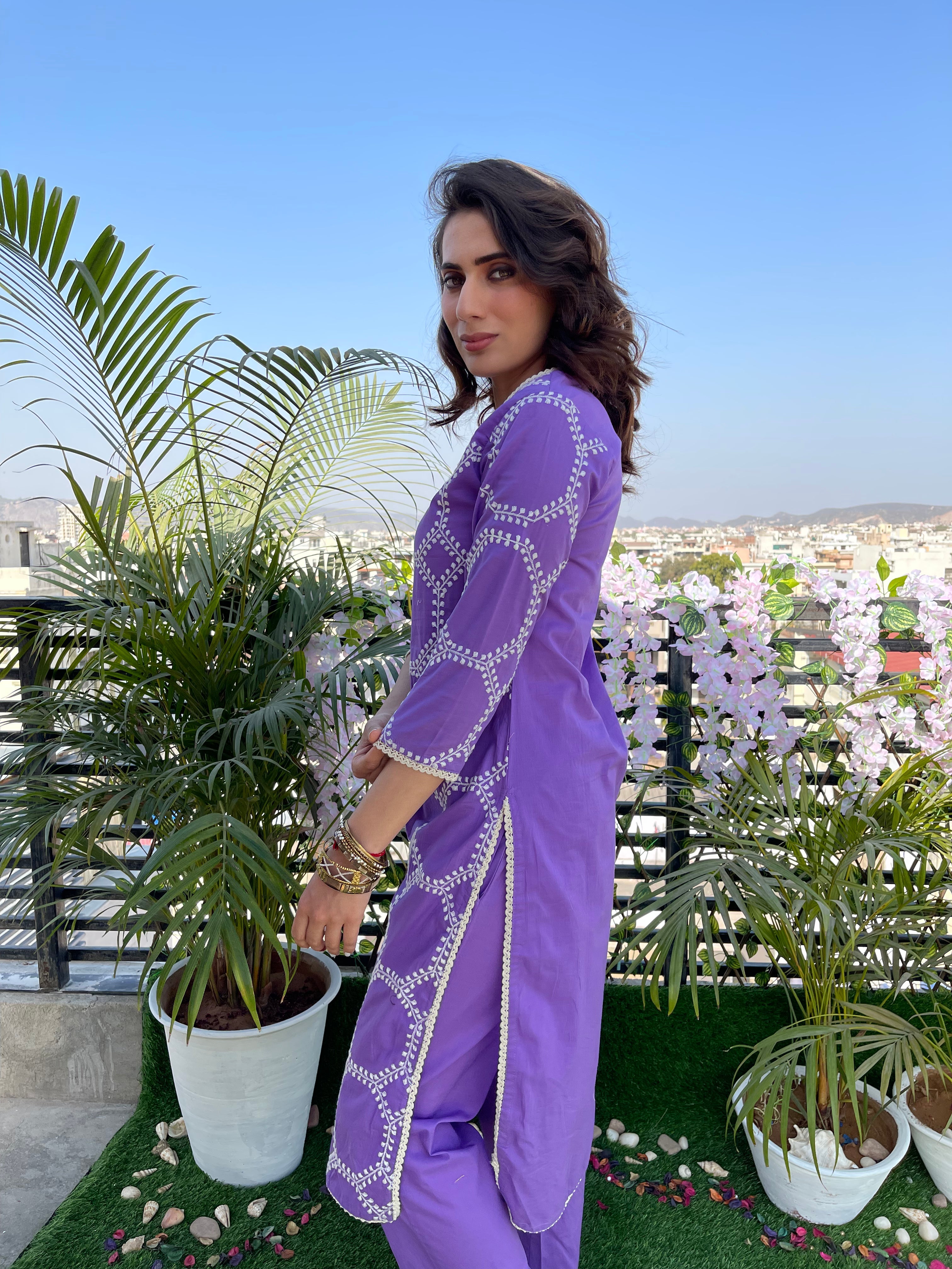 Lavender Embroidered Cotton Kurta set