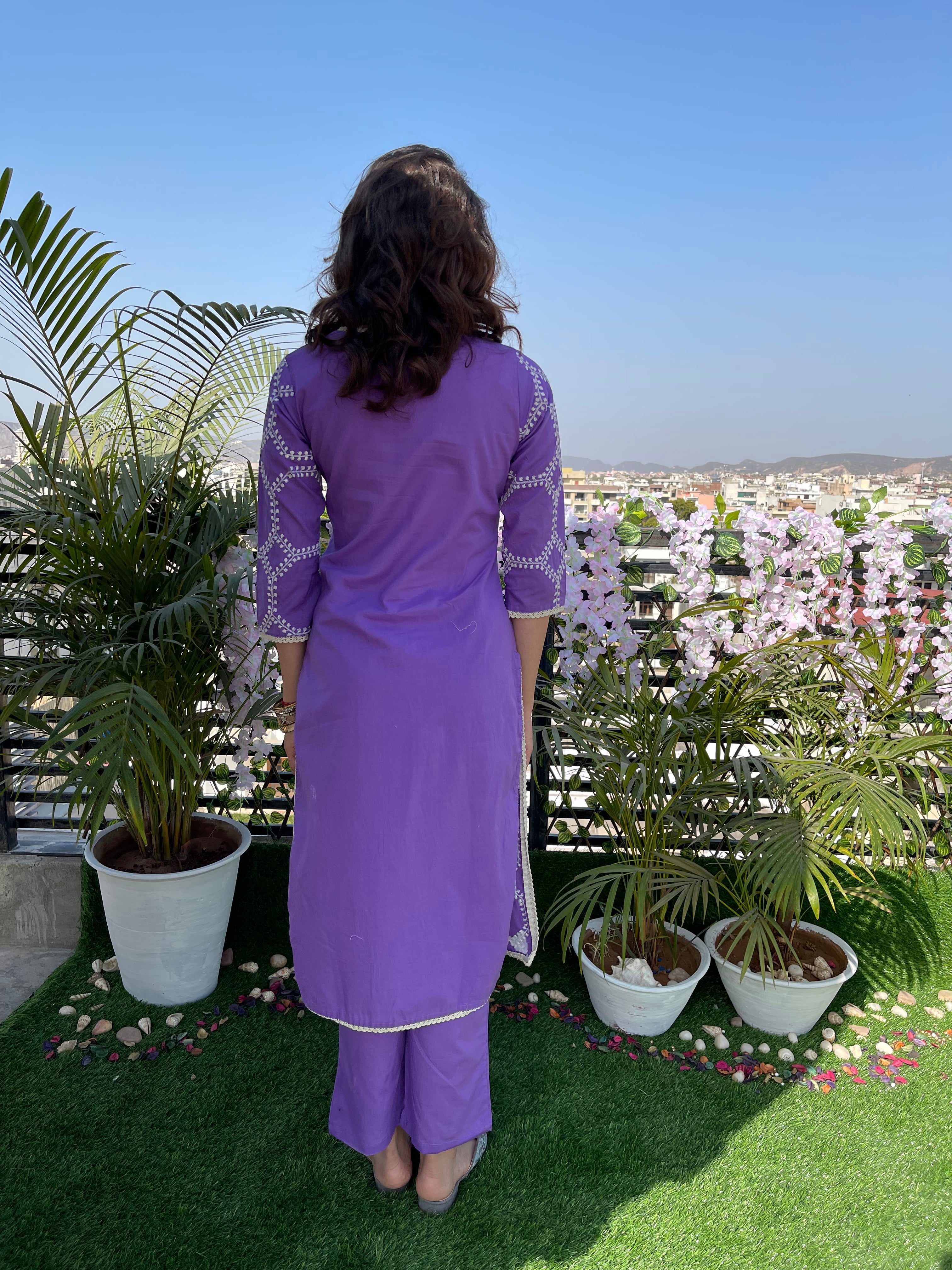 Lavender Embroidered Cotton Kurta set