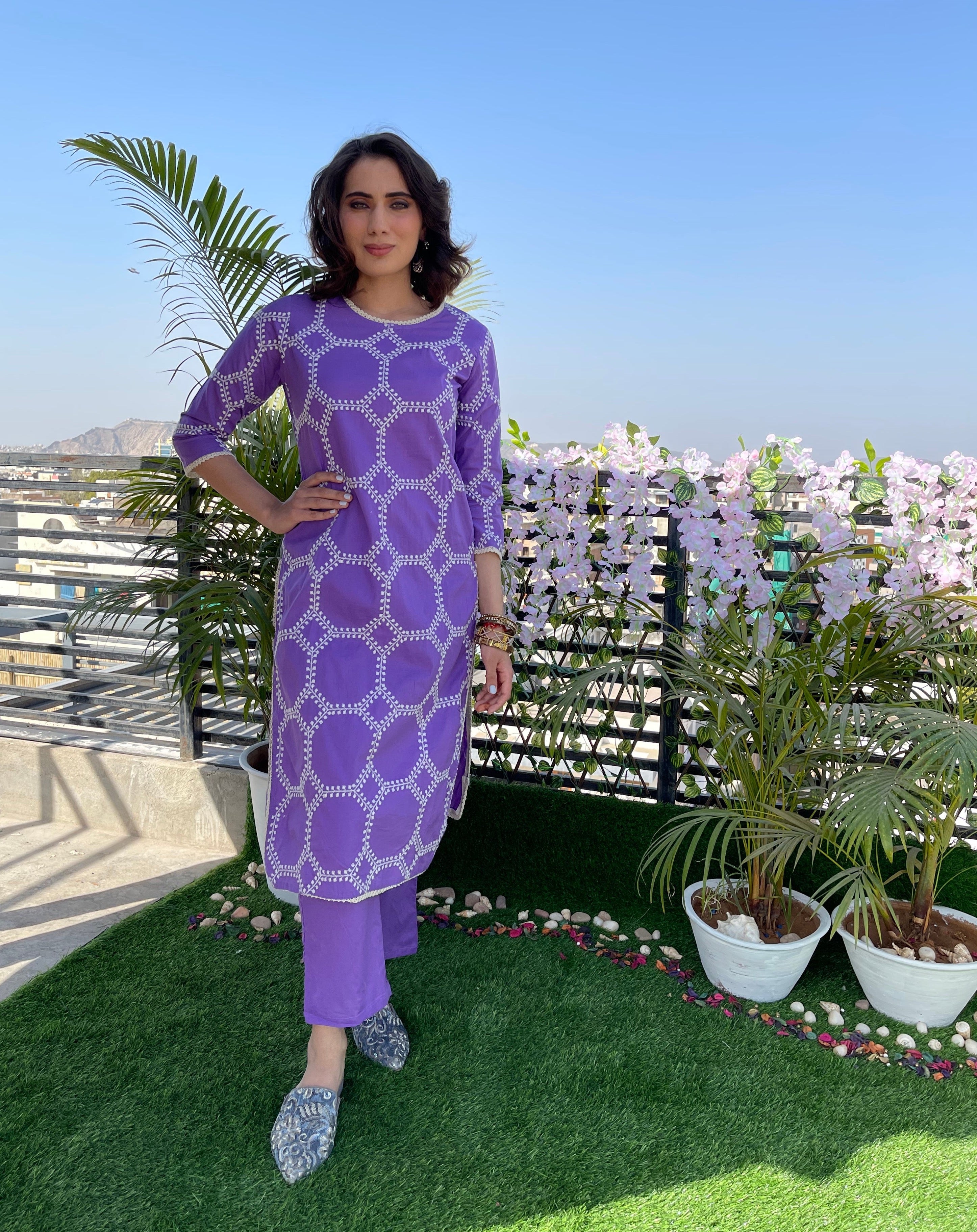 Lavender Embroidered Cotton Kurta set