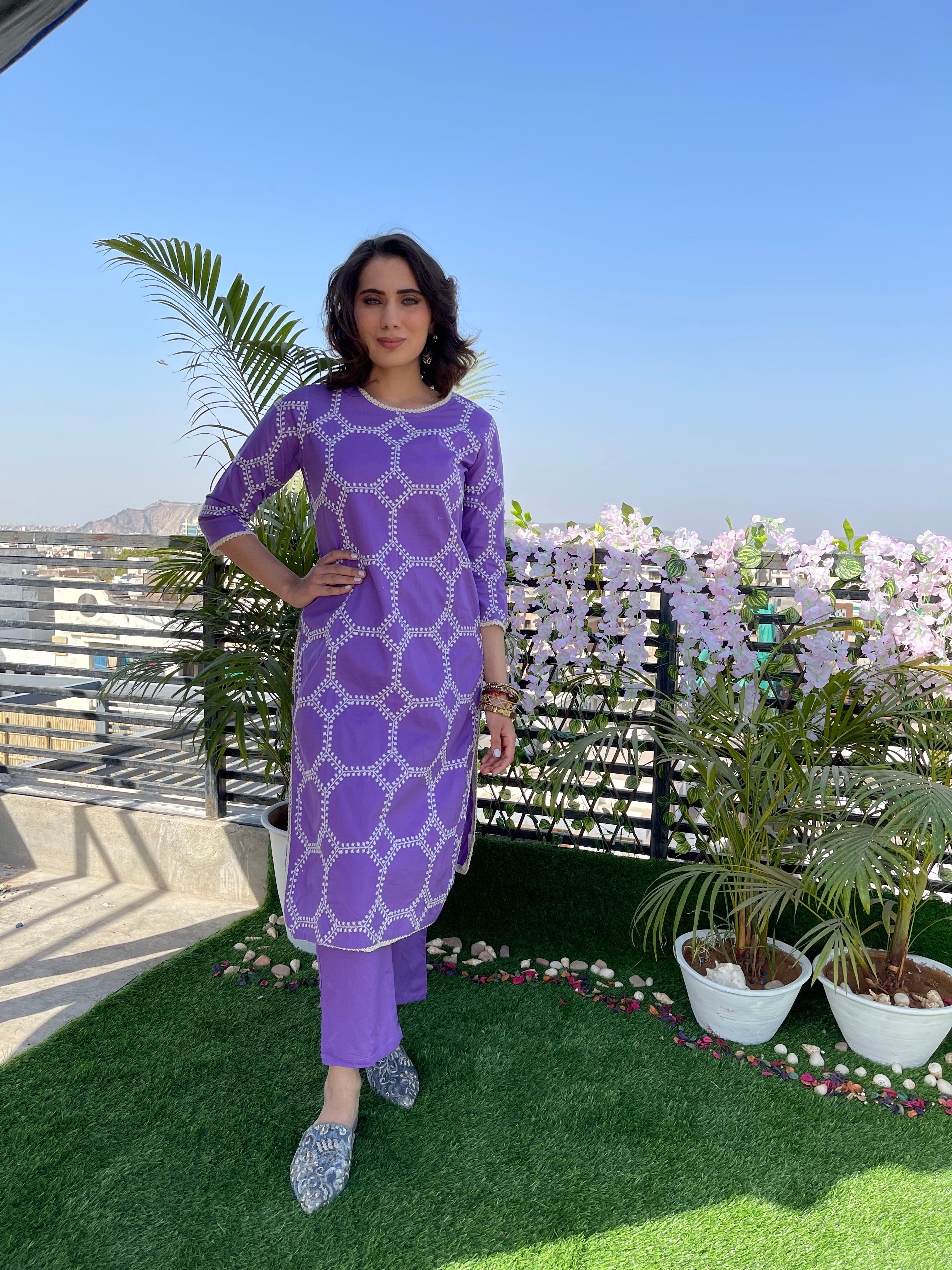 Lavender Embroidered Cotton Kurta set