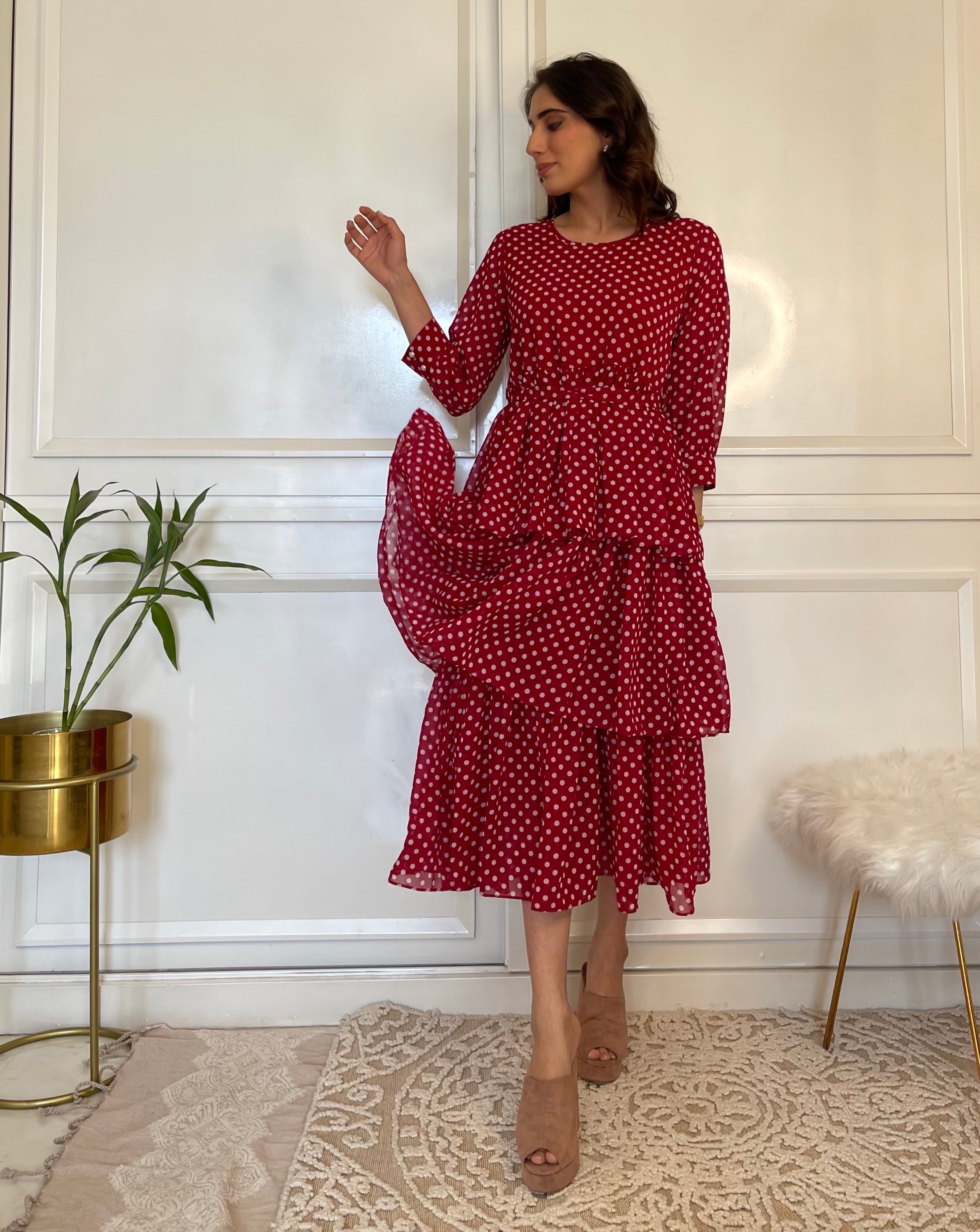 Red Polka Ruffle Flared Maxi Dress