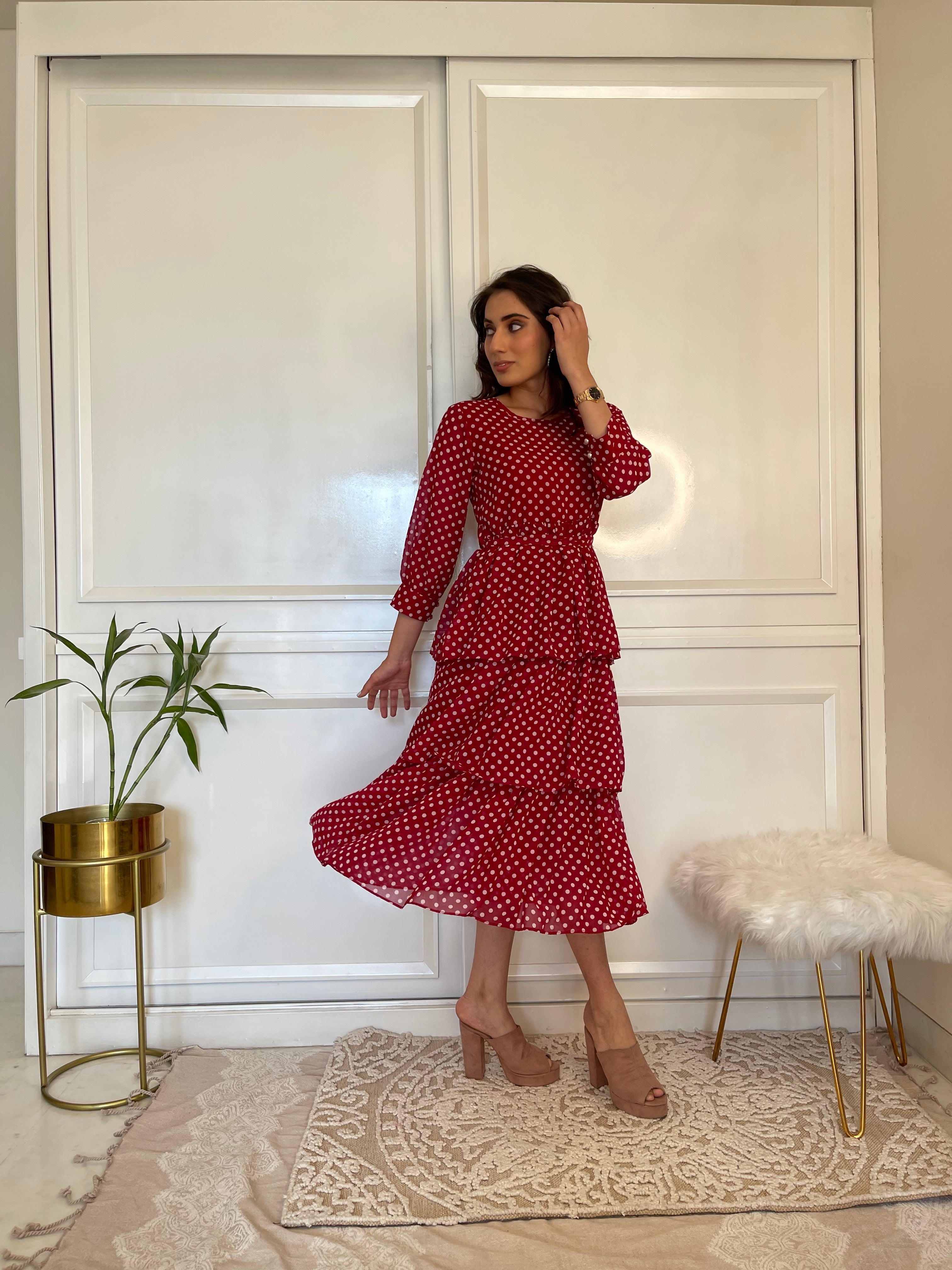 Red Polka Ruffle Flared Maxi Dress