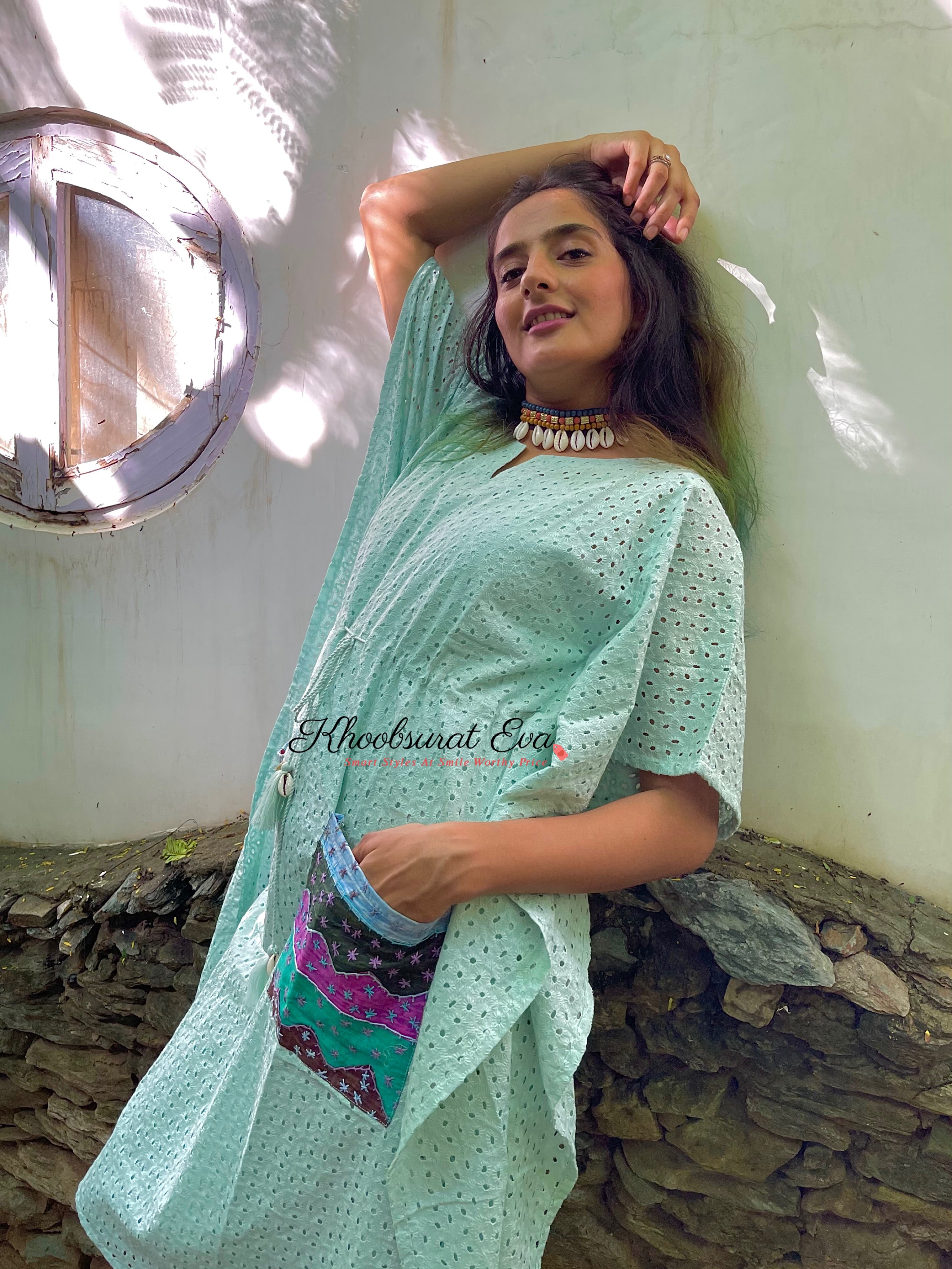 Pastel Blue Chikankari Kaftan Dress