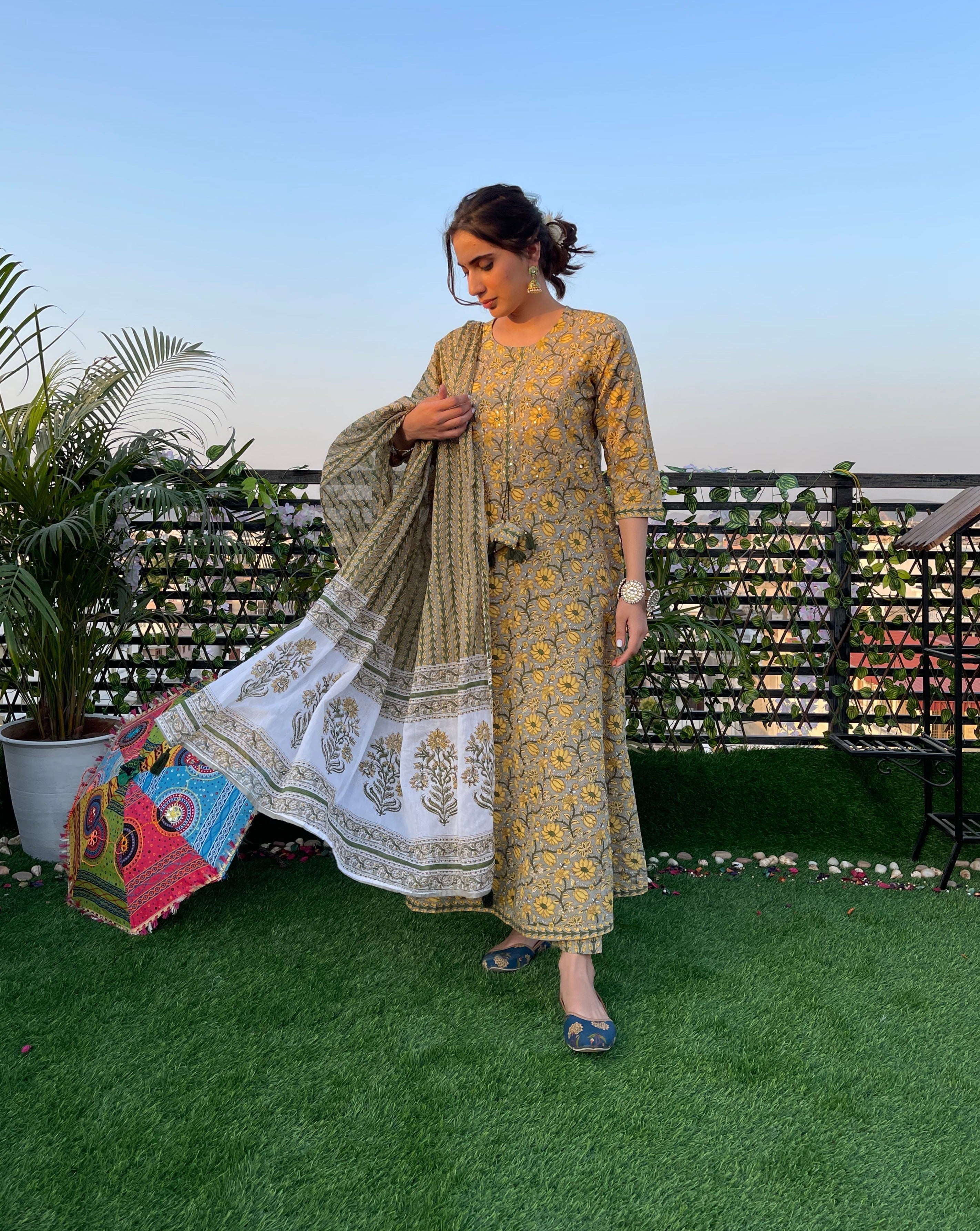 Yellow Cotton Embroidered Flare Kurta Suit