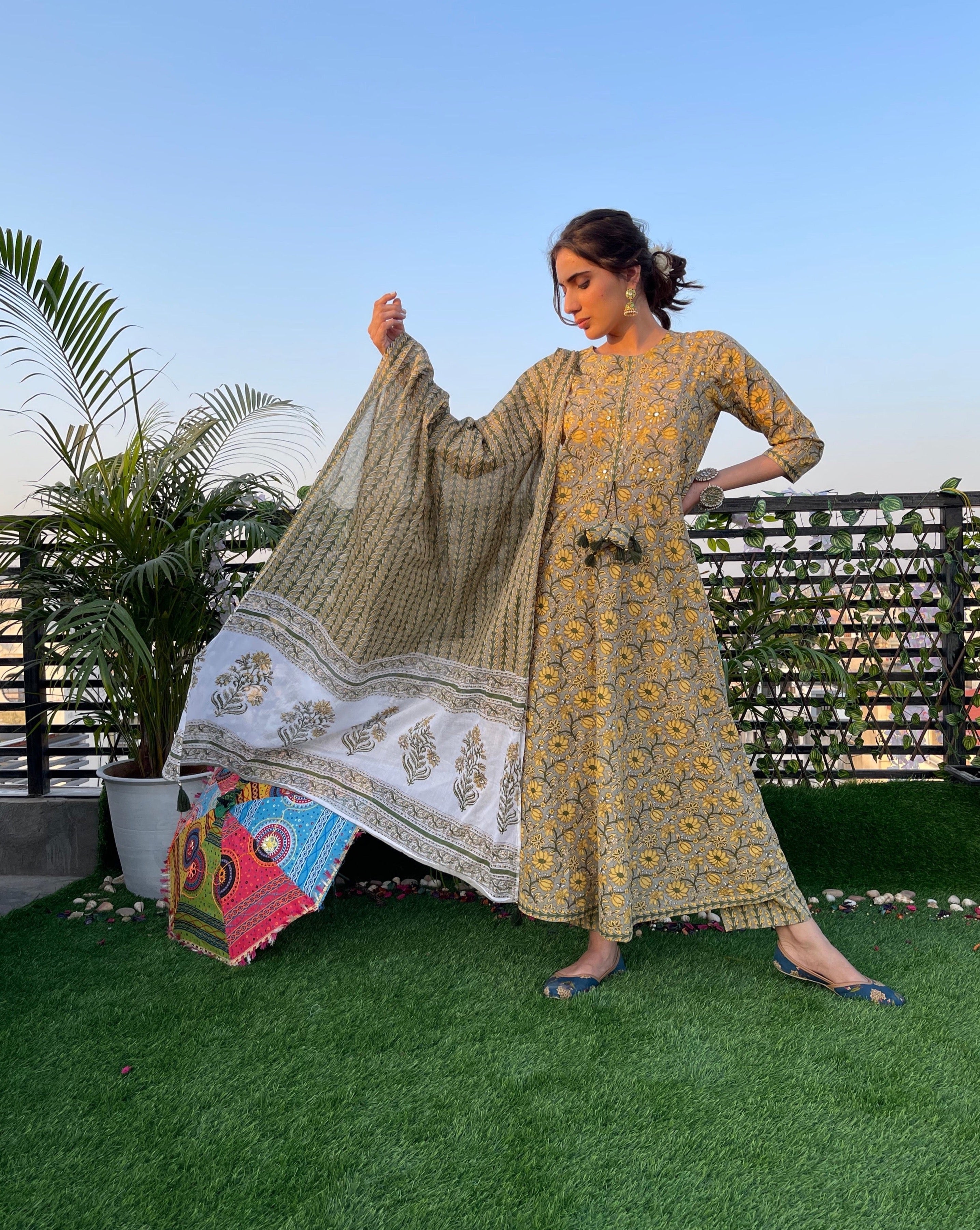 Yellow Cotton Embroidered Flare Kurta Suit