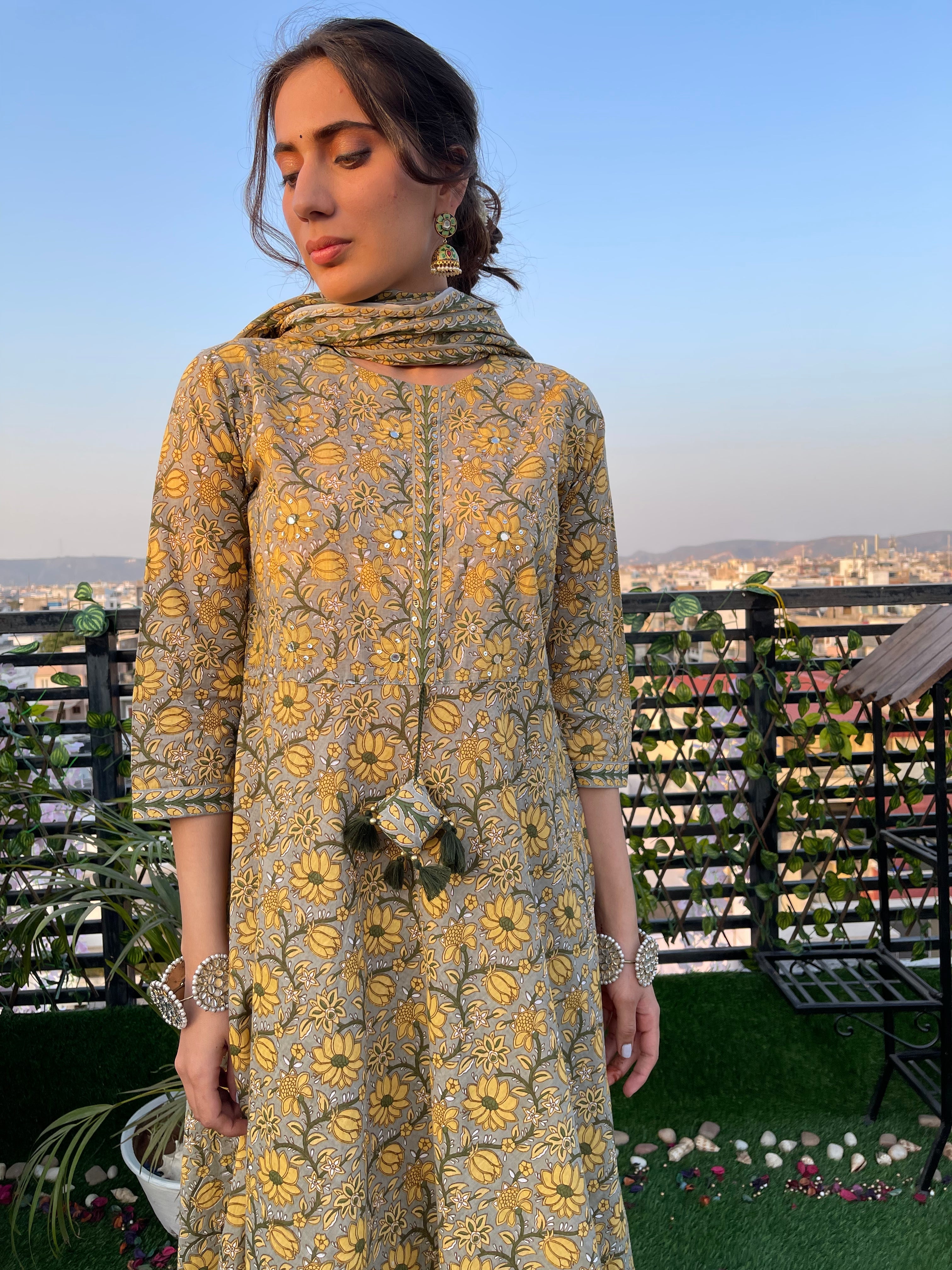 Yellow Cotton Embroidered Flare Kurta Suit