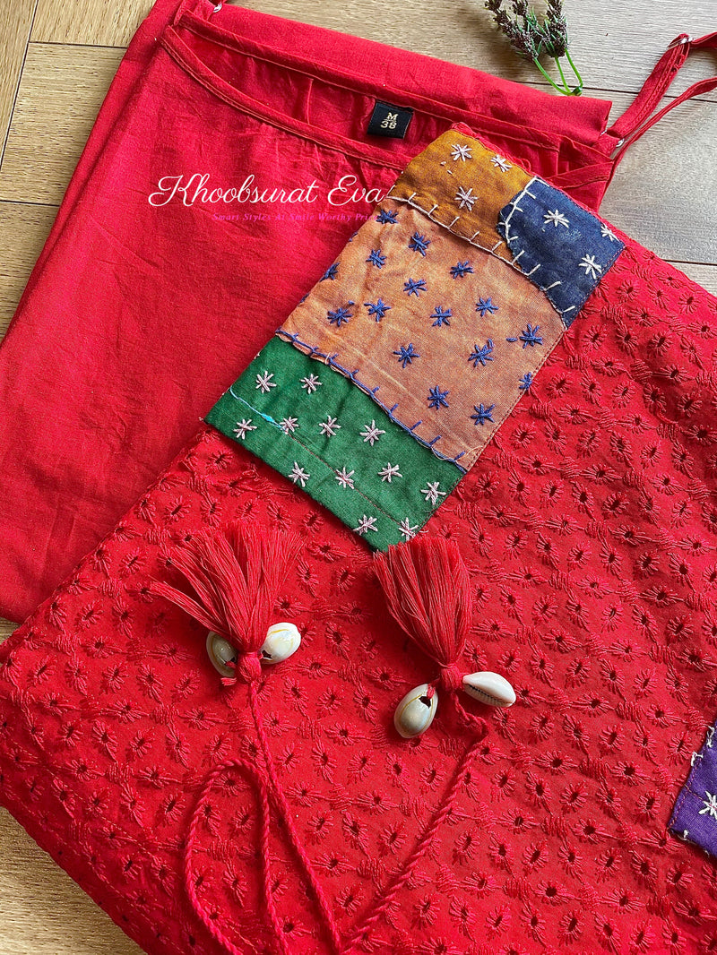 Red Chikankari Kaftan Dress