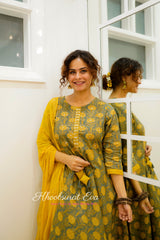 Yellow and Olive Printed Flared Kurta Suit Set