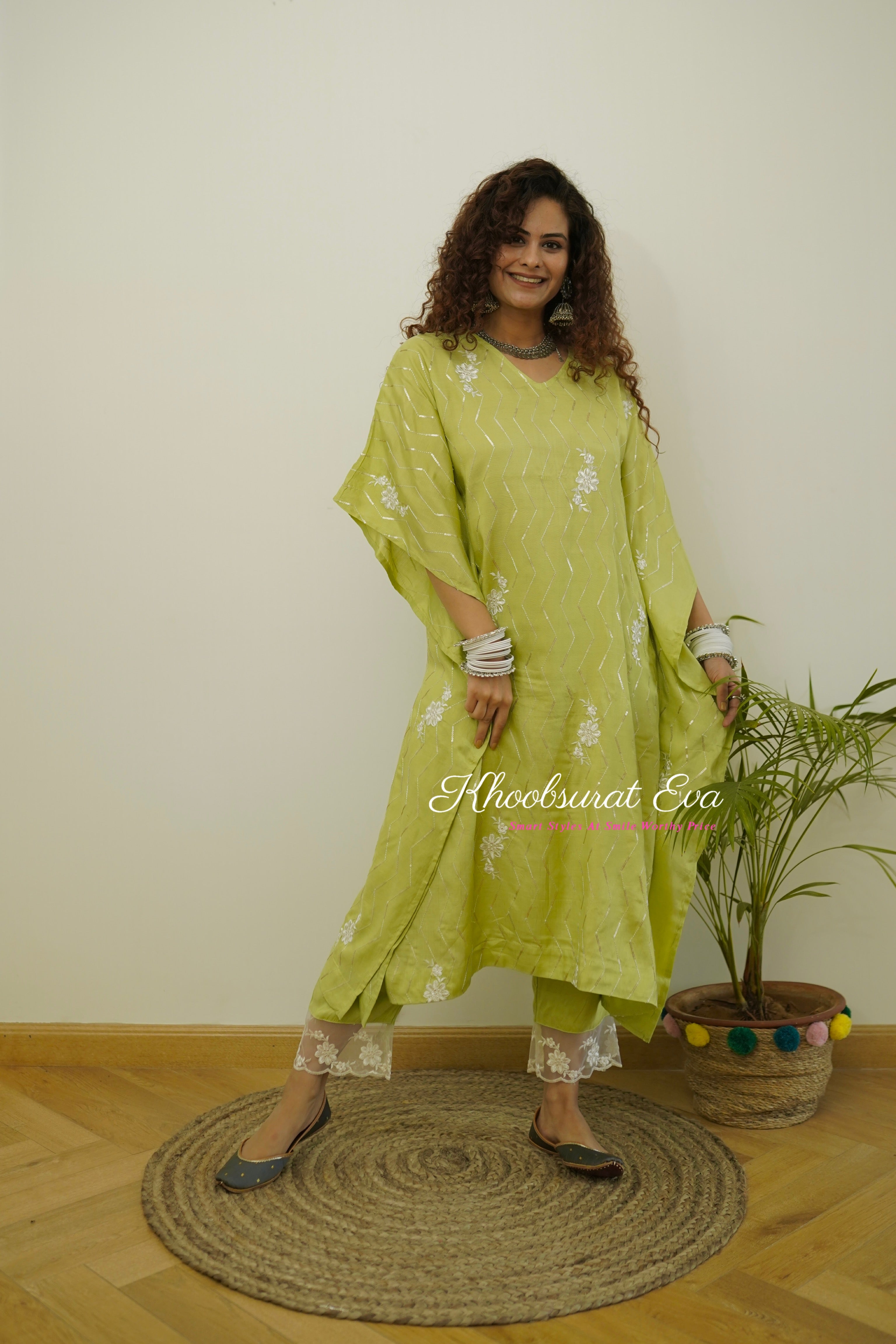 Green Silk Festival Wear Kaftan Set