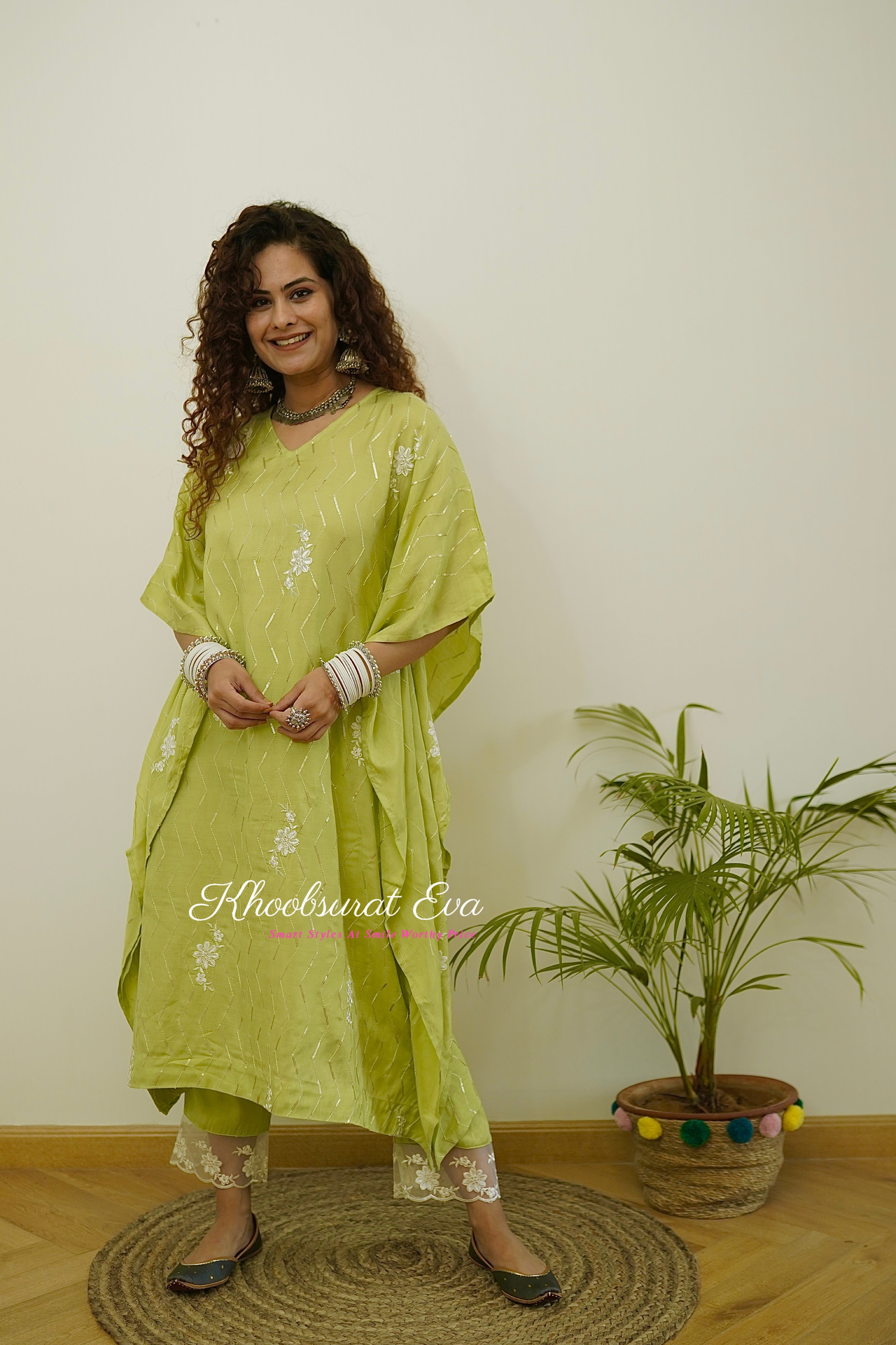 Green Silk Festival Wear Kaftan Set