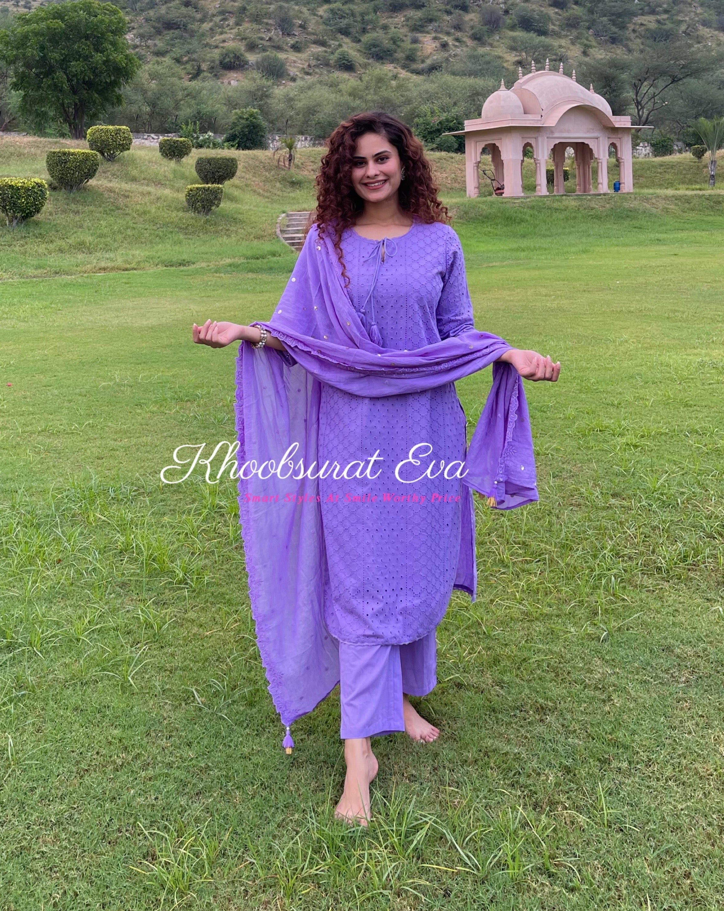 Lavender Chikankari Cotton Kurta Suit Set