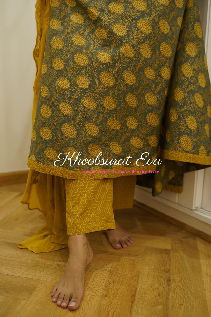 Yellow and Olive Printed Flared Kurta Suit Set