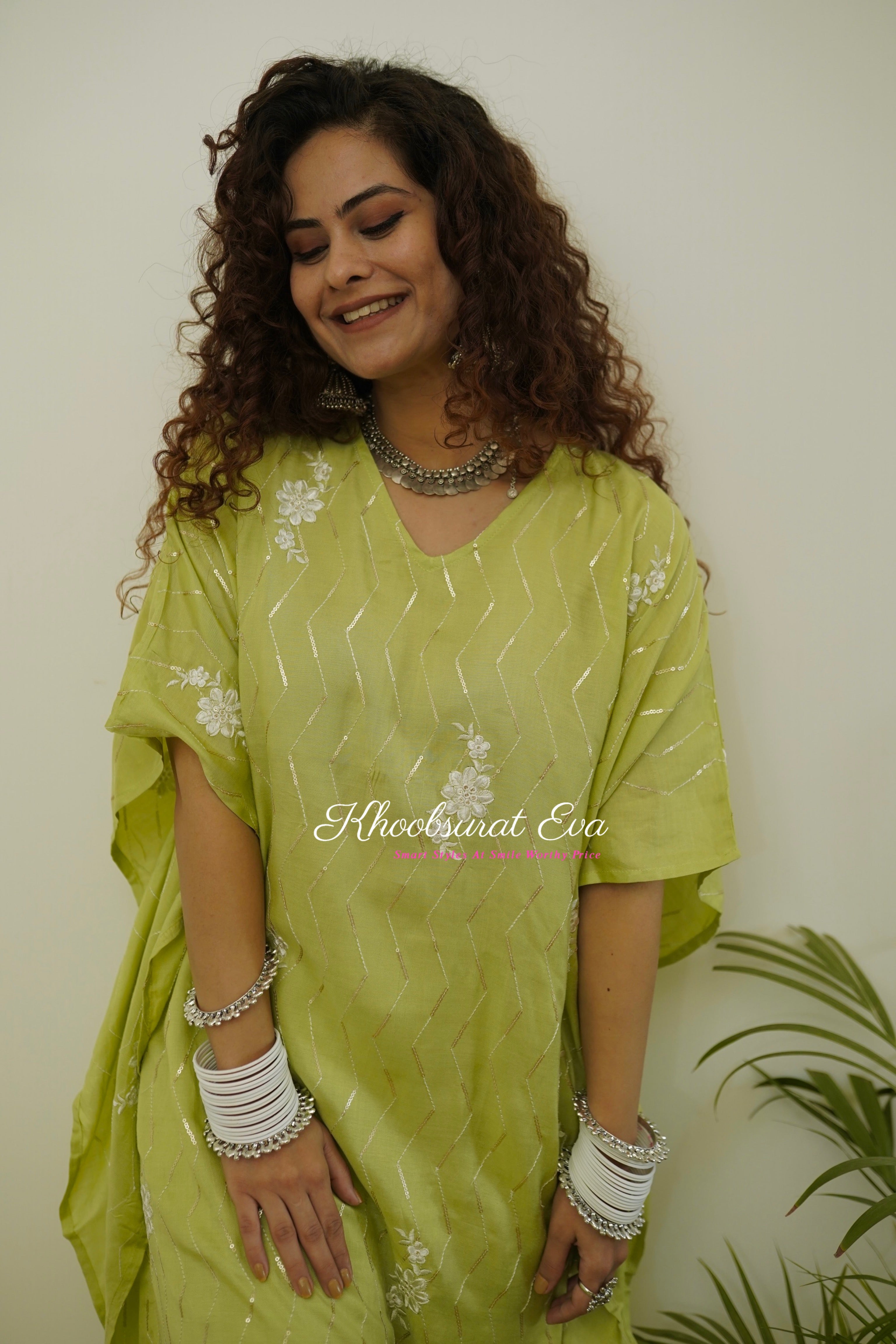 Green Silk Festival Wear Kaftan Set