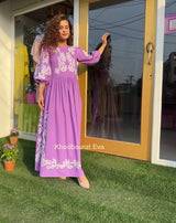 PURPLE EMBROIDERED DRESS WITH PUFF SLEEVES 