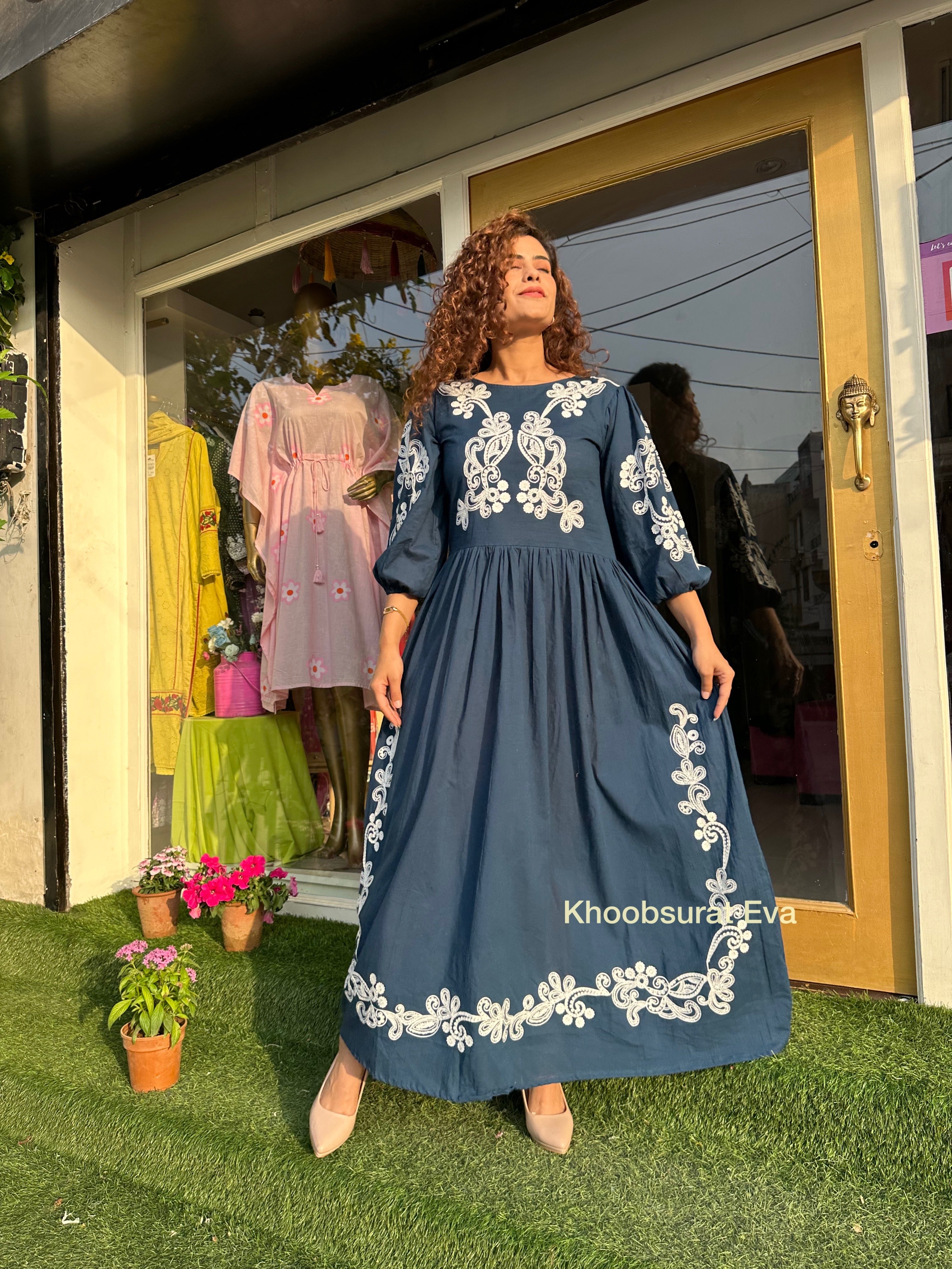 Cotton Bloom Blue Maxi Dress