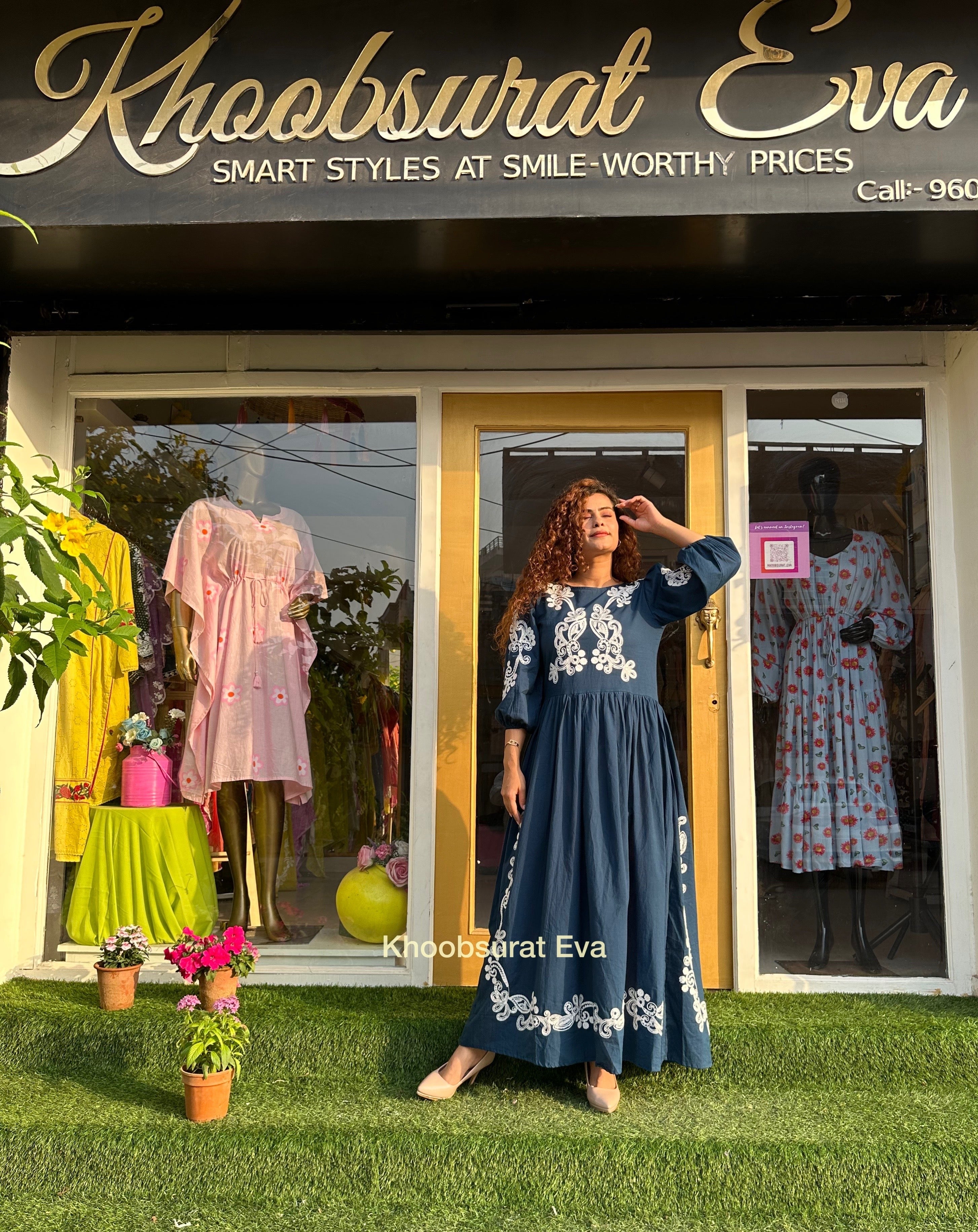 Cotton Bloom Blue Maxi Dress 