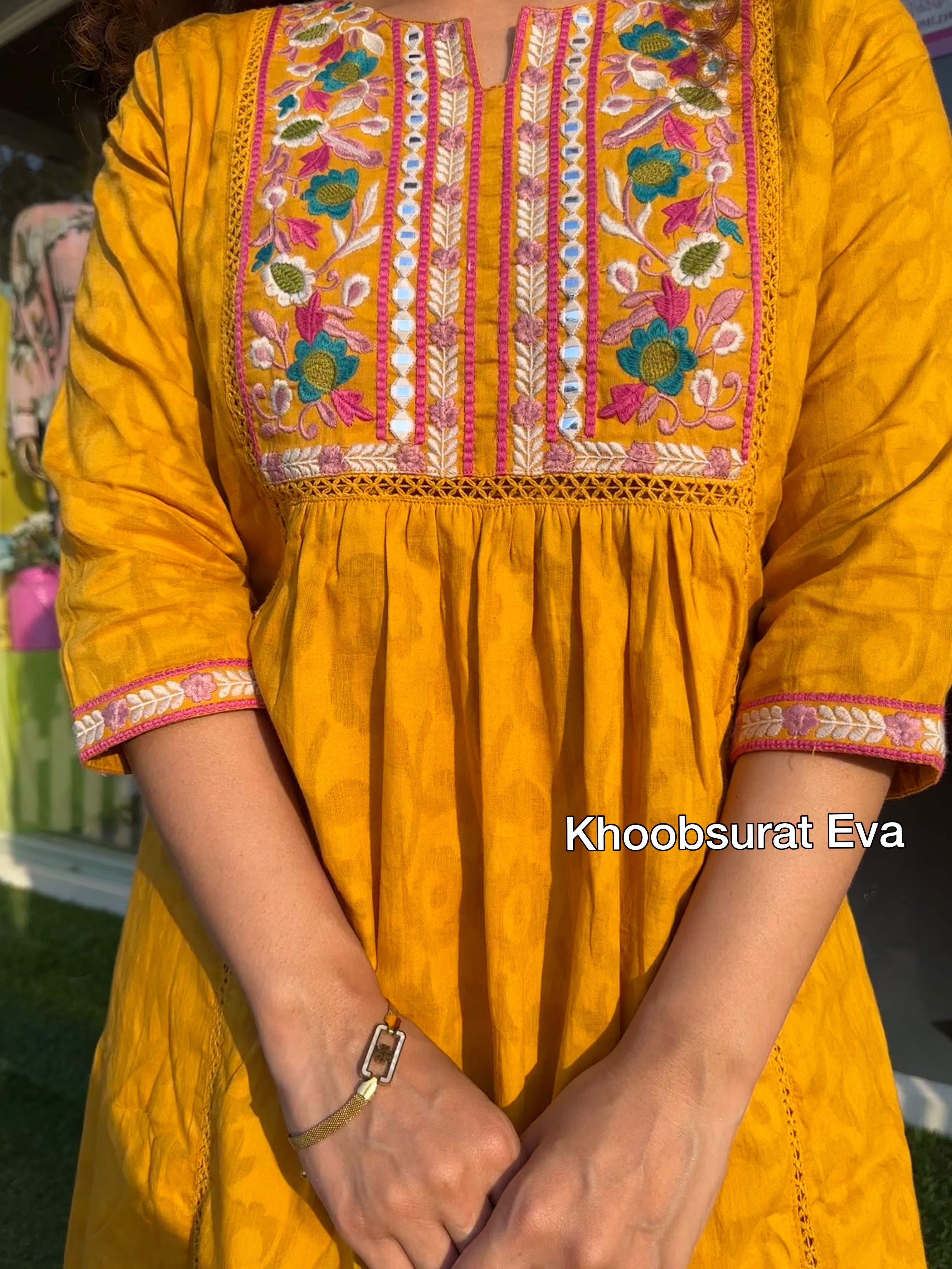 YELLOW EMBROIDERED COTTON COORD SET