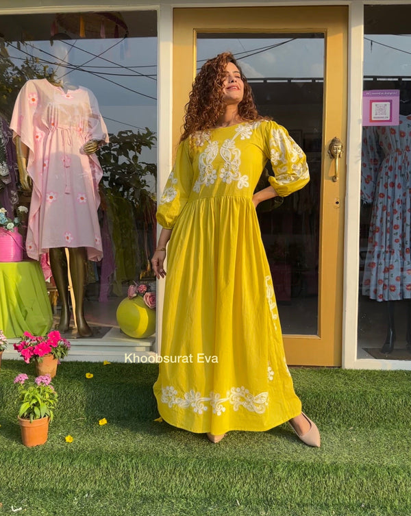 Citrus Swirl Yellow Maxi Dress